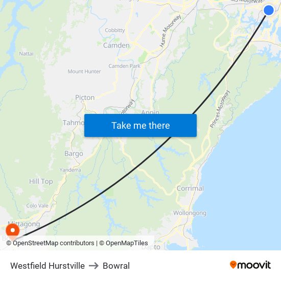 Westfield Hurstville to Bowral map