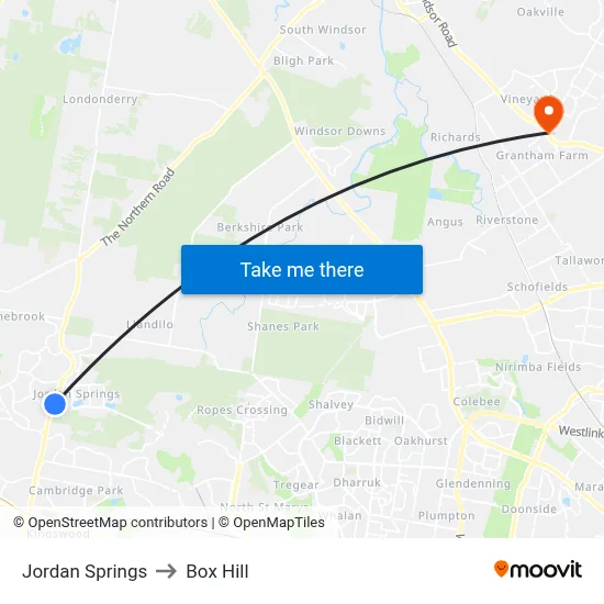 Jordan Springs to Box Hill map