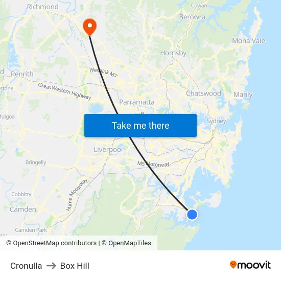 Cronulla to Box Hill map
