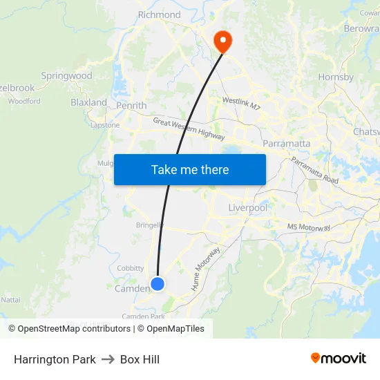 Harrington Park to Box Hill map
