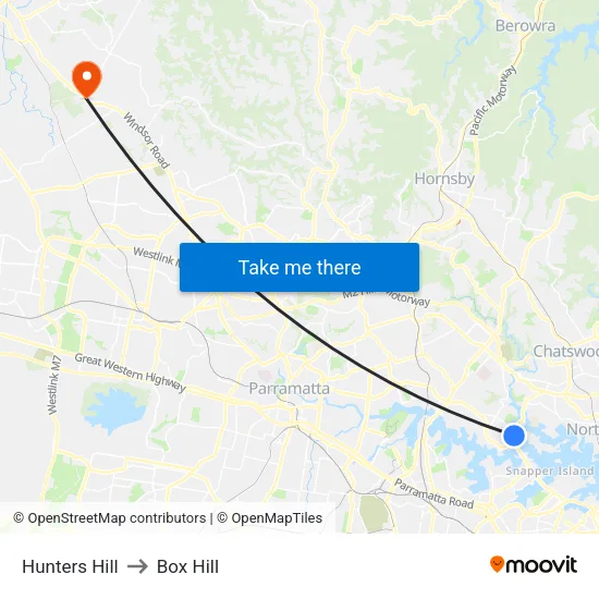 Hunters Hill to Box Hill map