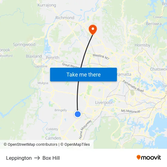 Leppington to Box Hill map