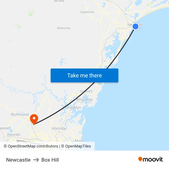 Newcastle to Box Hill map