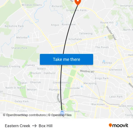 Eastern Creek to Box Hill map