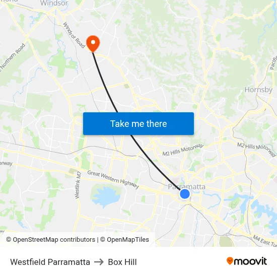 Westfield Parramatta to Box Hill map