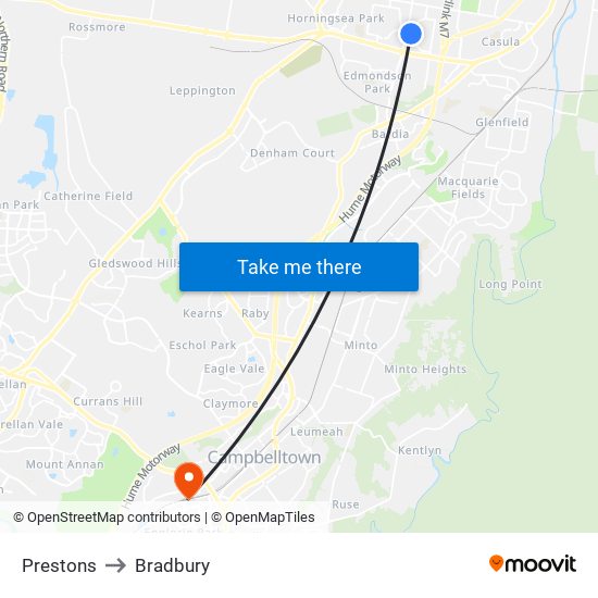 Prestons to Bradbury map