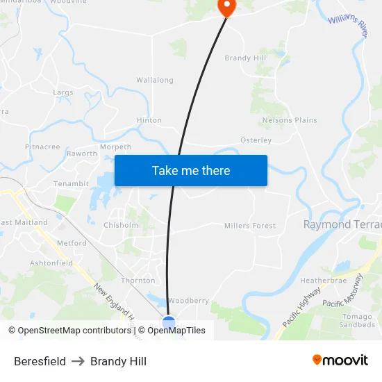 Beresfield to Brandy Hill map