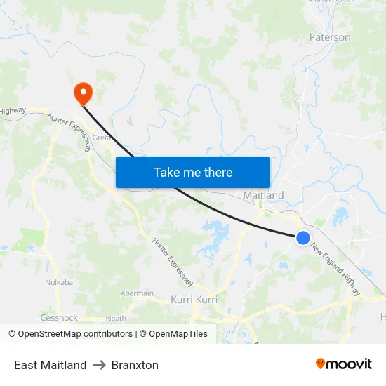 East Maitland to Branxton map