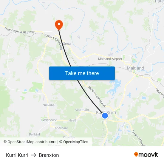 Kurri Kurri to Branxton map