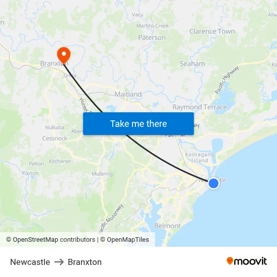 Newcastle to Branxton map