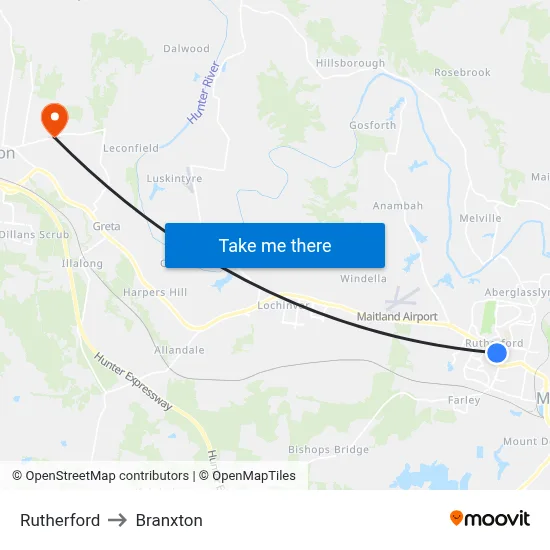Rutherford to Branxton map