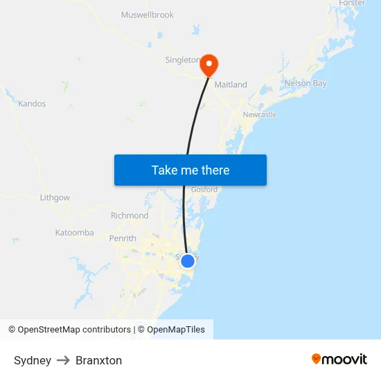 Sydney to Branxton map