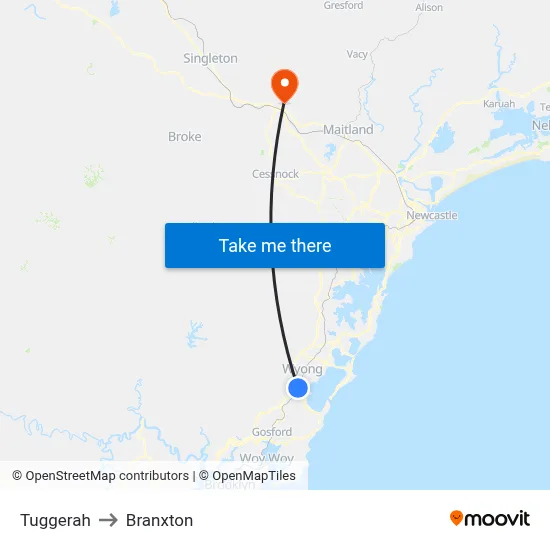 Tuggerah to Branxton map