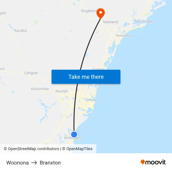 Woonona to Branxton map