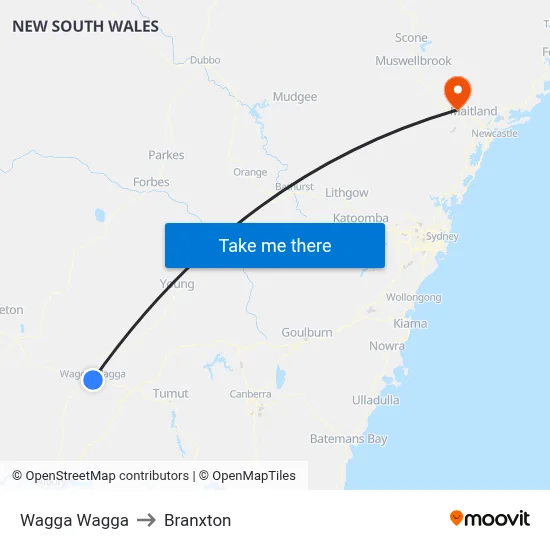 Wagga Wagga to Branxton map