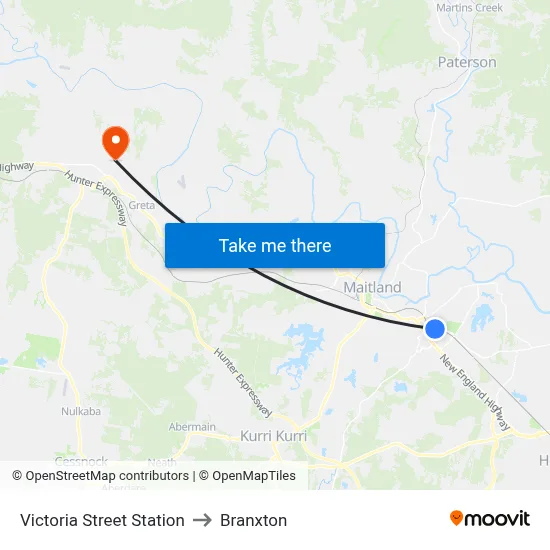 Victoria Street Station to Branxton map