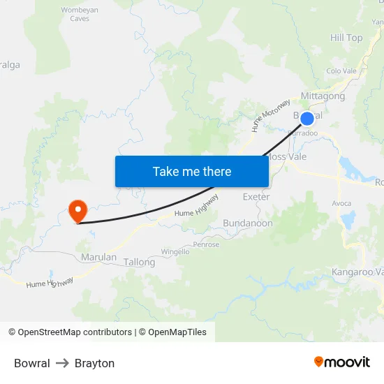 Bowral to Brayton map