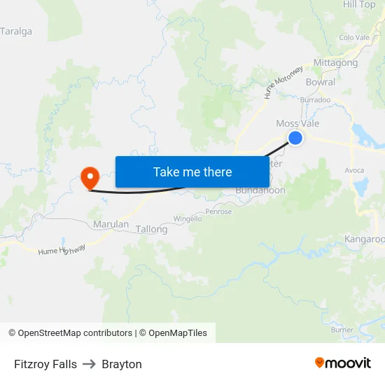 Fitzroy Falls to Brayton map