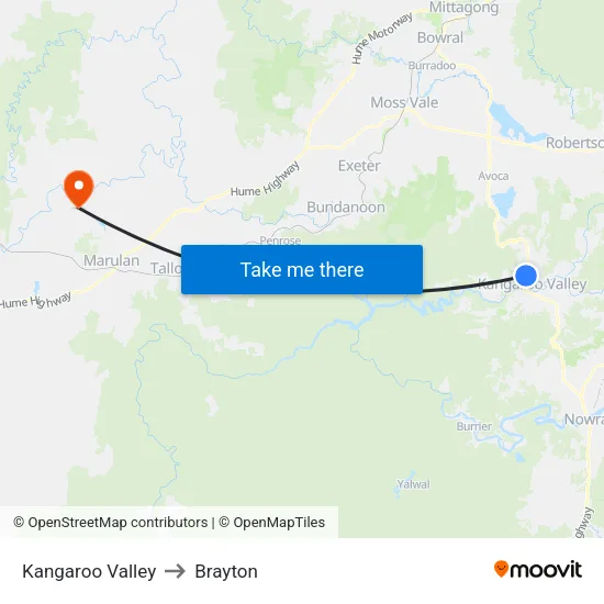 Kangaroo Valley to Brayton map