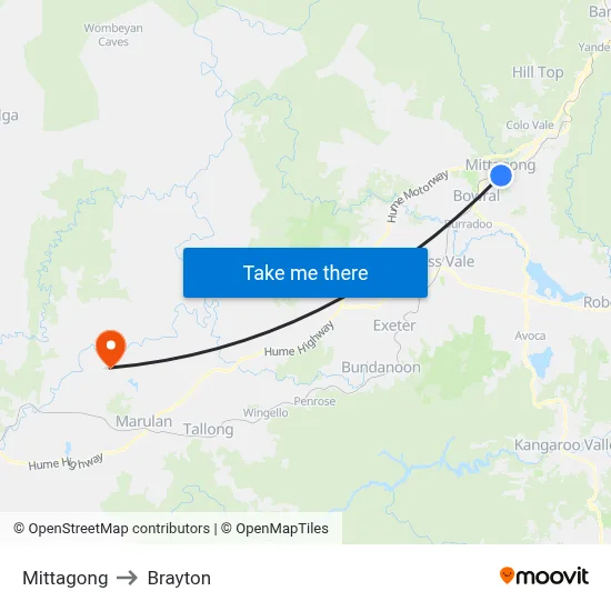 Mittagong to Brayton map