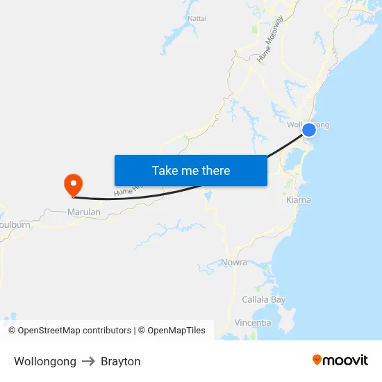 Wollongong to Brayton map