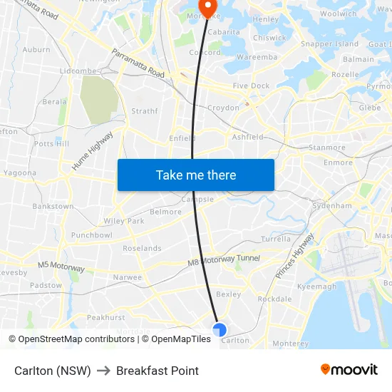 Carlton (NSW) to Breakfast Point map