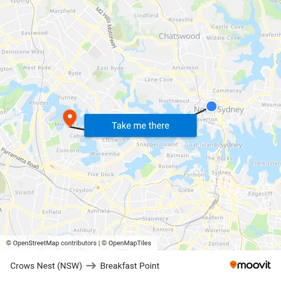 Crows Nest (NSW) to Breakfast Point map
