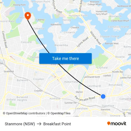 Stanmore (NSW) to Breakfast Point map