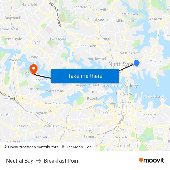 Neutral Bay to Breakfast Point map