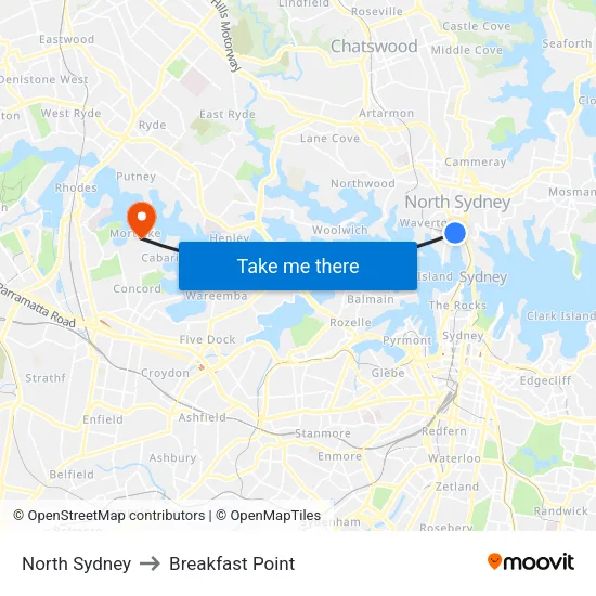 North Sydney to Breakfast Point map