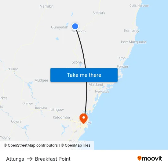 Attunga to Breakfast Point map
