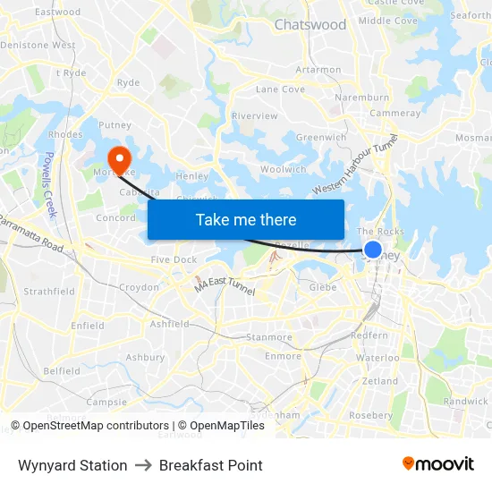 Wynyard Station to Breakfast Point map