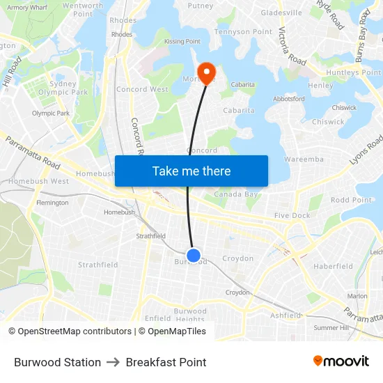 Burwood Station to Breakfast Point map