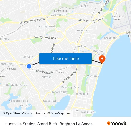 Hurstville Station, Stand B to Brighton-Le-Sands map