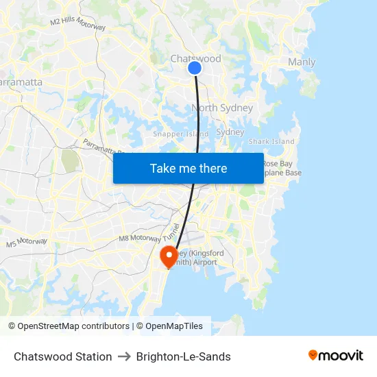 Chatswood Station to Brighton-Le-Sands map