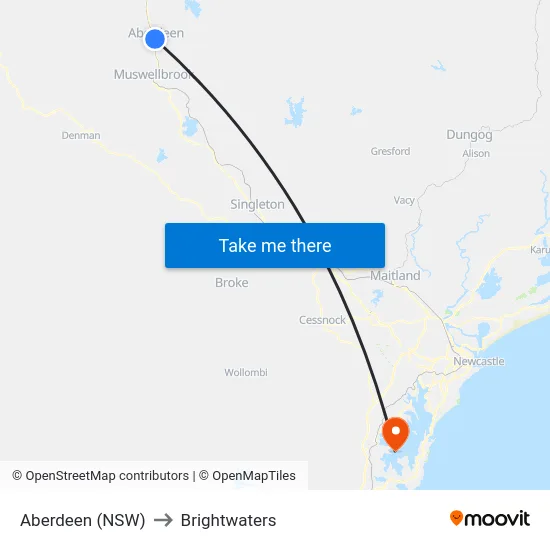 Aberdeen (NSW) to Brightwaters map