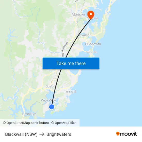 Blackwall (NSW) to Brightwaters map