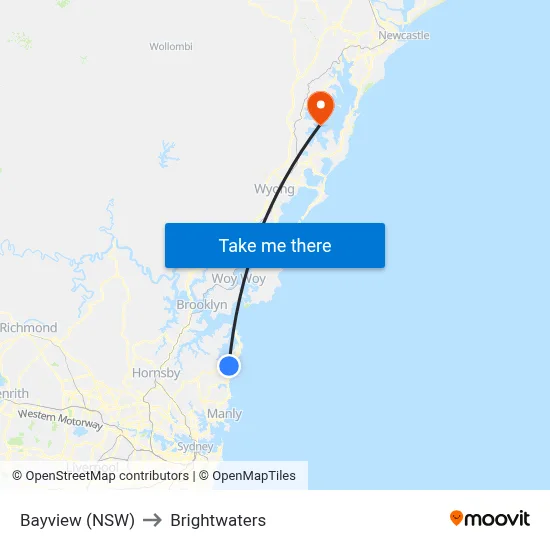 Bayview (NSW) to Brightwaters map