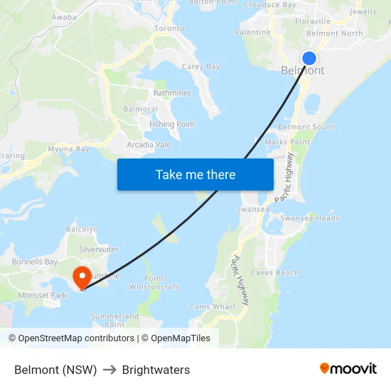 Belmont (NSW) to Brightwaters map