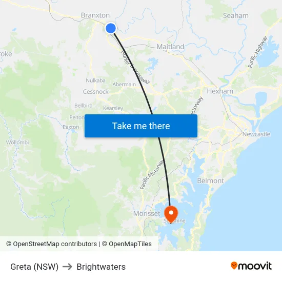 Greta (NSW) to Brightwaters map