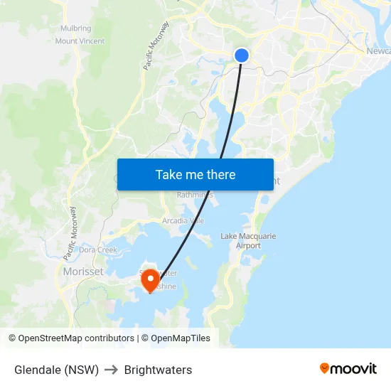 Glendale (NSW) to Brightwaters map