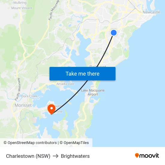 Charlestown (NSW) to Brightwaters map