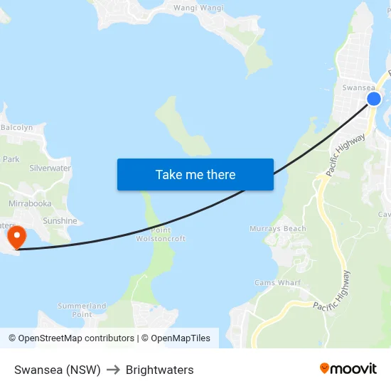 Swansea (NSW) to Brightwaters map