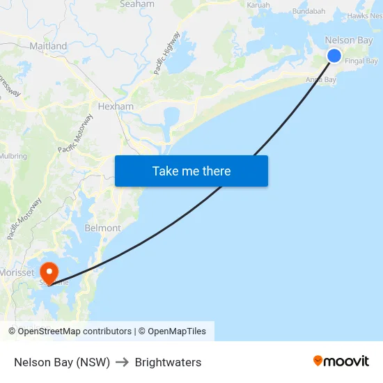 Nelson Bay (NSW) to Brightwaters map