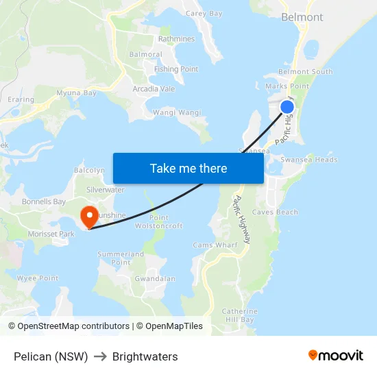 Pelican (NSW) to Brightwaters map