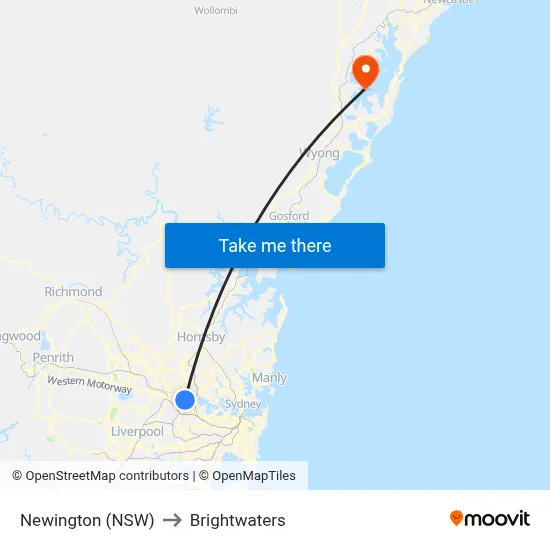 Newington (NSW) to Brightwaters map