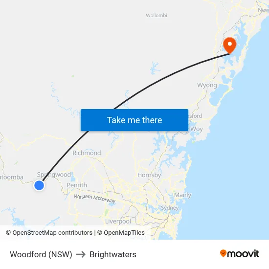 Woodford (NSW) to Brightwaters map