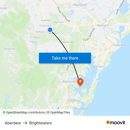 Aberdare to Brightwaters map