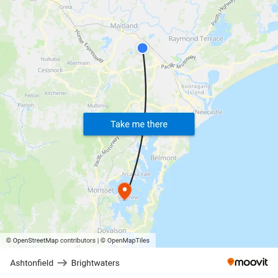 Ashtonfield to Brightwaters map
