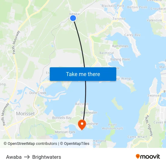 Awaba to Brightwaters map